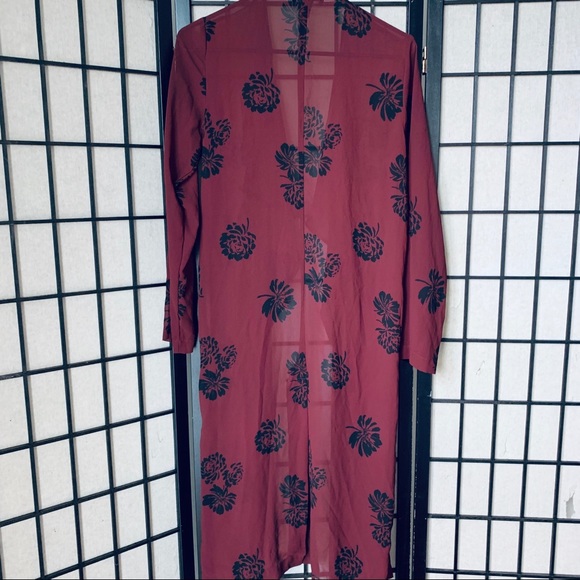 Forever 21 burgandy floral sheer long cardigan M - Picture 5 of 5